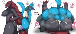 1boy 1girl absurdres all_fours animal_ears ass back backboob breasts colored_skin creatures_(company) enigi09 furry furry_female furry_male game_freak gen_4_pokemon gen_5_pokemon heart highres huge_ass japanese_text large_breasts looking_at_viewer lucario lying mating_press multiple_girls nintendo open_mouth pokemon pov purple_eyes red_eyes sex sex_from_behind simple_background speech_bubble tail testicles vaginal white_background zoroark
