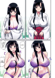 1girl 774_(nanashi) absurdres black_hair blush bra breasts cleavage comic embarrassed gradient_background hard-translated highres huge_breasts iwato_kasumi japanese_clothes long_hair looking_at_viewer miko navel open_mouth outdoors purple_bra saki_(manga) solo third-party_edit translated underwear undressing rating:Questionable score:111 user:surveyork