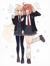  2girls ;p ahoge alternate_costume artoria_caster_(fate) artoria_pendragon_(fate) asymmetrical_hair black_jacket black_pantyhose blazer blonde_hair brown_footwear closed_mouth collared_shirt commentary_request fate/grand_order fate_(series) fujimaru_ritsuka_(female) full_body green_eyes grey_skirt hair_ornament hair_scrunchie highres jacket loafers looking_at_viewer loose_socks multiple_girls necktie noa_pisces one_eye_closed one_side_up open_clothes open_jacket orange_eyes orange_scrunchie pantyhose parted_lips red_necktie school_uniform scrunchie shirt shirt_tucked_in shoes short_hair simple_background skirt smile socks star_(symbol) sweat tongue tongue_out twintails v white_background white_shirt white_socks 