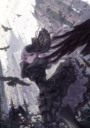  1girl architecture bird black_bow black_dress black_feathers black_flower black_pantyhose black_rose black_wings blunt_bangs blush bow building cathedral crow dress expressionless feathered_wings feathers floating_hair flower frilled_dress frills gothic_architecture gothic_lolita grey_sky hair_flower hair_ornament highres lace_trim light_blush lolita_fashion long_hair long_sleeves looking_at_viewer missile228 original outdoors pantyhose parted_lips petticoat purple_eyes rose sky solo too_many too_many_frills wind wings 