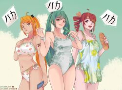  3girls ahoge akita_neru aqua_hair baguette bikini blonde_hair bread cloud cloudy_sky commentary drill_hair english_commentary floral_print floral_print_bikini flower_lynnn food hatsune_miku high_ponytail highres holding holding_food holding_spring_onion holding_vegetable kasane_teto looking_at_viewer looking_to_the_side multiple_girls nail_polish one-piece_swimsuit outdoors print_bikini print_swimsuit red_hair red_nails sky spring_onion standing swimsuit triple_baka_(vocaloid) twin_drills twintails utau vegetable vocaloid 
