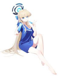  1girl absurdres bare_legs barefoot bilibilida blonde_hair blue_archive blue_bow blue_eyes blue_halo blue_shirt bow clothes_writing collarbone dual_wielding earpiece earrings food hair_bow halo highres holding holding_food holding_popsicle incoming_food invisible_chair jewelry knee_up long_hair looking_at_viewer multicolored_hair naked_shirt parted_lips popsicle print_shirt shirt simple_background single_bare_shoulder sitting solo streaked_hair stud_earrings toes toki_(blue_archive) very_long_hair w white_background 