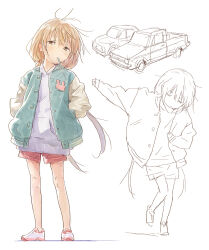  1girl blonde_hair brown_eyes car closed_eyes expressionless full_body futaba_anzu hands_in_pockets idolmaster idolmaster_cinderella_girls jacket long_hair looking_at_viewer low_twintails matsuo_yuusuke motor_vehicle mouth_hold multiple_views open_clothes open_jacket shorts simple_background sketch twintails white_background wind 