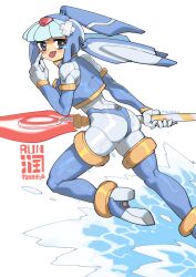  1girl andorlier android armor artist_logo ass blue_armor blue_eyes blue_footwear boots crop_top fairy_leviathan_(mega_man) forehead_jewel helmet high_heel_boots high_heels highres holding holding_polearm holding_weapon looking_at_viewer looking_back mega_man_(series) mega_man_zero_(series) polearm robot_girl simple_background solo spear thigh_boots tongue tongue_out water weapon white_background 