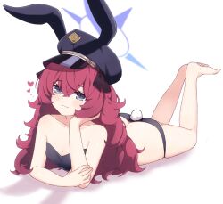  1girl animal_ears bare_legs barefoot black_hat black_leotard blue_archive breasts butt_crack cleavage collarbone fake_animal_ears fake_tail full_body grey_eyes hair_between_eyes halo hat heart highres iroha_(blue_archive) lancer_(worudrleh1) legs leotard long_hair looking_at_viewer lying on_stomach playboy_bunny rabbit_ears rabbit_tail red_hair small_breasts solo tail the_pose thighs toes  rating:Sensitive score:22 user:danbooru