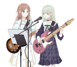  2girls bang_dream! bang_dream!_it&#039;s_mygo!!!!! bass_guitar black_dress blue_eyes blue_shirt brown_hair chinese_commentary choker closed_mouth commentary_request crimiko dress electric_guitar frilled_choker frills green_hair guitar highres instrument long_hair long_sleeves looking_at_another microphone microphone_stand multiple_girls music_stand nagasaki_soyo parted_lips plaid plaid_dress playing_guitar shirt short_sleeves simple_background skirt smile wakaba_mutsumi white_background yellow_eyes yellow_skirt 