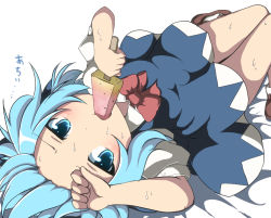 1girl blue_eyes blue_hair blush cirno do_(4-rt) food forehead fruit ice_cream looking_at_viewer matching_hair/eyes open_mouth short_hair solo sweat touhou watermelon wings rating:Sensitive score:14 user:danbooru