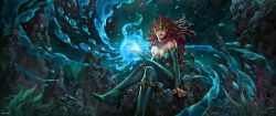  1girl air_bubble aquaman_(series) bare_shoulders bodysuit breasts bubble circlet cleavage commentary crossed_legs dc_comics detached_sleeves english_commentary green_bodysuit green_sleeves highres kael_ngu large_breasts long_hair looking_at_viewer magic mera_(dc) red_hair rock seaweed sitting solo underwater water 