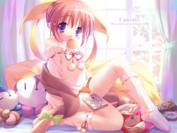  book bow canvas_2 chips chips_(food) hagino_kana hair_ornament hairclip large_bow loli mouth_hold potato_chips purple_eyes red_hair short_hair snack stuffed_animal stuffed_toy 