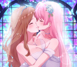  2girls bang_dream! bang_dream!_it&#039;s_mygo!!!!! bare_shoulders blush breasts bridal_veil brown_hair bug butterfly chihaya_anon choker cleavage closed_eyes collarbone commentary_request dress flower hair_flower hair_ornament highres hug insect jewelry large_breasts long_hair meu203 multiple_girls nagasaki_soyo necklace open_mouth pink_hair sidelocks strapless strapless_dress tiara upper_body veil wedding_dress white_choker white_dress wife_and_wife yuri 