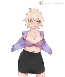  1girl bakugou_mitsuki baserguy belly blonde_hair boku_no_hero_academia bra breasts cleavage flashing highres large_breasts lingerie mature_female short_hair solo standing thick_thighs thighs underwear white_background wide_hips  rating:Questionable score:42 user:Catonine