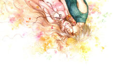  1boy 1girl aerith_gainsborough bare_arms blonde_hair blue_shirt breasts brown_hair choker closed_eyes cloud_strife couple dress final_fantasy final_fantasy_vii hair_undone hand_in_another&#039;s_hair hetero jacket unworn_jacket jewelry kiss kissing_forehead long_hair medium_breasts necklace open_mouth parted_bangs pink_dress prima_rosa shirt short_hair sleeveless sleeveless_dress sleeveless_turtleneck smile spiked_hair square_enix traditional_media turtleneck upper_body wavy_hair  rating:Sensitive score:6 user:bailenrose