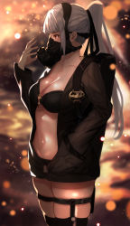  1girl bad_id bad_pixiv_id bikini bikini_top_only black_bikini breasts cleavage from_side gas_mask hand_in_jacket highres holster jacket light_particles long_hair mask medium_breasts navel original ponytail red_eyes shiodango silver_hair solo standing swimsuit thigh_holster thighs very_long_hair 