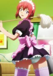 1girl apron ass bandaid blush bow curtains female_focus framed hair_between_eyes head_tilt highres indoors lace lace-trimmed_legwear lace_trim looking_at_viewer looking_back maid maid_apron maid_headdress maken-ki! mop open_mouth panties pantyshot pink_thighhighs puffy_sleeves purple_eyes red_hair screencap shade shinatsu_azuki shiny_skin short_hair short_sleeves smile solo standing stitched takami_akio thigh_gap thighhighs third-party_edit underwear white_panties wrist_cuffs rating:Sensitive score:30 user:vincaddo
