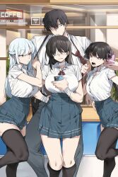  1boy 3girls absurdres bandaged_arm bandages black_hair blue_eyes blue_skirt blurry blurry_background braid breasts collared_shirt eyepatch french_braid grey_eyes grin highres holding holding_phone korean_commentary large_breasts long_hair looking_to_the_side miniskirt multiple_girls necktie necktie_grab neckwear_grab original pants phone pleated_skirt red_necktie school_uniform shirt shirt_tucked_in short_hair short_sleeves sidelocks skirt small_breasts smile suspenders suspenders_pull thighhighs twintails urec white_hair white_shirt window yellow_eyes 