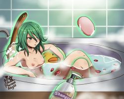  1girl bath bathing breasts brush female_focus green_eyes green_hair indoors maroonabyss matching_hair/eyes nipples nude one-punch_man partially_submerged petals rose_petals rubber_duck shampoo small_breasts soap solo steam tatsumaki water wet wet_hair  rating:Questionable score:39 user:shinazuka