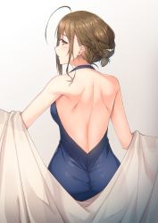 1girl ahoge ass back backboob backless_dress backless_outfit bare_shoulders blue_dress blush braid braided_ponytail breasts brown_hair commentary commentary_request detached_sleeves dress earrings hair_ornament halterneck highres idolmaster idolmaster_shiny_colors jewelry kazushiki_midori kuwayama_chiyuki light_blush looking_at_viewer medium_breasts see-through see-through_sleeves shoulder_blades sidelocks simple_background solo white_background yellow_eyes zipper rating:Sensitive score:13 user:danbooru