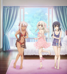 3girls :q artist_request babydoll back balcony bare_shoulders barefoot bed black_hair blue_bra blue_panties blue_ribbon blue_sky blush bra breasts brown_eyes chloe_von_einzbern cloud curtains dark-skinned_female dark_skin day embarrassed fate/kaleid_liner_prisma_illya fate_(series) full_body hair_ribbon half_updo illyasviel_von_einzbern indoors leg_ribbon licking_lips lingerie long_hair looking_at_viewer miyu_edelfelt multiple_girls navel off_shoulder official_art open_bra panties parted_lips pink_bra pink_hair pink_ribbon red_bra red_eyes red_panties red_ribbon ribbon sky small_breasts smile spinning standing standing_on_one_leg take_your_pick thigh_strap tongue tongue_out tree underwear wavy_mouth white_hair window rating:Sensitive score:234 user:danbooru