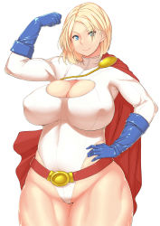  1girl absurdres aiguillette animification arm_up belt belt_skirt blonde_hair blue_eyes blue_gloves bodysuit breasts bursting_breasts cape cleavage cleavage_cutout clothing_cutout covered_erect_nipples cowboy_shot curvy dc_comics elbow_gloves eyes_visible_through_hair flexing gloves groin hakai_shin hand_on_own_hip highleg highleg_leotard highres huge_breasts impossible_clothes impossible_shirt leotard light_smile long_sleeves looking_at_viewer muscular muscular_female plump power_girl shirt short_hair simple_background skindentation smile solo standing superman_(series) thick_thighs thighs turtleneck white_background wide_hips  rating:Questionable score:87 user:Marcerner
