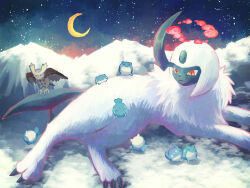  7_phi_3 absol animal_focus bird claws commentary creatures_(company) crescent_moon dynamax forehead_jewel game_freak gen_2_pokemon gen_3_pokemon highres horns lying moon mountain night night_sky nintendo no_humans noctowl on_side owl pokemon pokemon_(creature) red_eyes single_horn sitting sky spheal star_(sky) symbol-only_commentary tail white_fur wings 