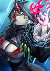 blonde_hair breasts broken_mask cleavage cleavage_cutout clothing_cutout diabellstar_the_black_witch earrings enmoenmo green_eyes green_hair half_mask highres jewelry large_breasts mask multicolored_hair red_mask ringed_eyes yu-gi-oh!  rating:General score:1 user:REO33