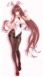  1girl alternate_costume animal_ears between_breasts black_pantyhose breasts brown_hair detached_collar full_body highres holding holding_hair kantai_collection large_breasts leotard long_hair necktie necktie_between_breasts nitamako_(sakamalh) pantyhose playboy_bunny ponytail rabbit_ears red_eyes red_necktie sidelocks solo strapless strapless_leotard thighband_pantyhose very_long_hair white_background white_leotard wrist_cuffs yamato_(kancolle)  rating:Sensitive score:3 user:danbooru