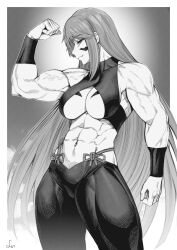  1girl abs absurdres arm_at_side biceps border breast_tattoo breasts closed_mouth commentary cowboy_shot crop_top facial_tattoo flexing fuuma_kotarou_(tenkaichi) greyscale halterneck hand_up highres large_breasts long_hair looking_at_viewer looking_to_the_side monochrome muscular muscular_female navel outside_border pants profile revealing_clothes sidelocks signature sleeveless smile solo speedl00ver stomach tattoo tenkaichi_nihon_saikyou_bugeisha_ketteisen underboob veins veiny_arms very_long_hair white_border wristband  rating:Sensitive score:21 user:danbooru