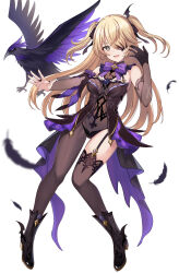  1girl :d bare_shoulders bird black_dress black_footwear black_gloves blonde_hair boots breasts dress elbow_gloves feathers fischl_(genshin_impact) fishnets full_body garter_straps genshin_impact gloves grey_eyes harimoji highres long_hair looking_at_viewer medium_breasts open_mouth oz_(genshin_impact) simple_background single_thighhigh smile thighhighs two_side_up very_long_hair white_background 