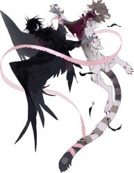  animal_ears animal_hands black_feathers black_hair black_wings blood brown_fur brown_hair brown_tail cat_tail closed_eyes colored_skin creature feathers harpy highres holding_hands kamikiririp monster_girl open_mouth original smile sphinx tail tiger tiger_ears white_skin wings 