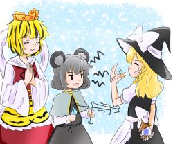  3girls animal_ears animal_print apron bishamonten&#039;s_pagoda black_hair blonde_hair bow braid capelet dowsing_rod grey_capelet grey_hair hagoromo hair_bow hat hat_bow highres jewelry kirisame_marisa long_hair long_sleeves mouse_ears multicolored_hair multiple_girls nazrin open_mouth own_hands_together palms_together pendant shawl short_hair short_sleeves side_braid single_braid sweatdrop tiger_print toramaru_shou touhou two-tone_hair waist_apron white_bow witch_hat yakousei_no_kame 