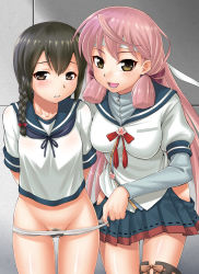 10s 2girls akashi_(kancolle) assisted_exposure bandana black_eyes black_hair blue_skirt blush braid breasts brown_eyes ebifly embarrassed female_pubic_hair green_eyes hair_between_eyes hair_ribbon hip_vent isonami_(kancolle) kantai_collection long_hair long_sleeves looking_at_viewer military military_uniform multiple_girls naval_uniform no_pants open_mouth panties panty_pull pink_hair pleated_skirt pubic_hair pulling_another&#039;s_clothes ribbon school_uniform serafuku short_hair skirt thighhighs tress_ribbon twintails underwear undressing uniform white_panties rating:Questionable score:28 user:danbooru