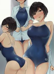 1girl ass bare_shoulders black_hair blouse blue_one-piece_swimsuit blush bow bowtie breasts cameltoe collared_shirt competition_school_swimsuit diagonal-striped_bow diagonal-striped_neckwear dress_shirt highres large_breasts long_sleeves looking_at_viewer multiple_views nose_blush one-piece_swimsuit open_clothes open_mouth open_shirt original red_eyes school_swimsuit shirt short_hair striped_bow striped_bowtie striped_clothes striped_neckwear swept_bangs swimsuit swimsuit_under_clothes undressing wakamatsu372 white_shirt rating:Questionable score:98 user:danbooru