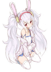 1girl animal_ears azur_lane bare_shoulders camisole closed_mouth collarbone full_body goekawa hair_between_eyes hair_ornament hairband hands_in_opposite_sleeves jacket laffey_(azur_lane) long_hair long_sleeves looking_to_the_side off_shoulder open_clothes open_jacket pink_jacket rabbit_ears red_eyes red_hairband silver_hair simple_background sitting solo strap_slip thighhighs twintails very_long_hair wariza white_background white_camisole white_thighhighs rating:Sensitive score:9 user:danbooru