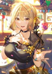  1girl :d ahoge anis_(nikke) black_choker black_dress blonde_hair breasts choker collarbone dress fare goddess_of_victory:_nikke hair_ornament hand_on_own_chest highres large_breasts light_blush looking_at_viewer nail_polish open_mouth orange_eyes pink_nails short_hair smile solo 