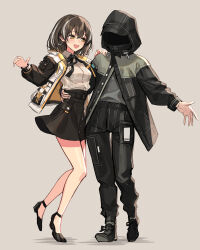 1girl 1other absurdres adapted_costume arknights bare_legs black_footwear black_jacket black_pants black_ribbon black_skirt blush breasts brown_hair collared_shirt doctor_(arknights) earrings full_body grey_background hair_between_eyes hand_on_another&#039;s_shoulder high_heels highres hood hooded_jacket hoop_earrings hug jacket jewelry magallan_(arknights) medium_breasts miniskirt multicolored_hair neck_ribbon open_clothes open_jacket open_mouth orange_eyes pants ribbon shirt short_hair side-by-side sigm@ simple_background single_earring skirt smile standing standing_on_one_leg streaked_hair thighs two-tone_hair white_hair white_jacket white_shirt 