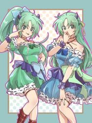  2girls ahoge aqua_border bare_shoulders blue_bow blue_dress blue_ribbon boots border bow breasts brown_footwear covering_own_mouth demon_girl demon_horns detached_sleeves dress dress_bow feet_out_of_frame frilled_dress frills green_dress green_eyes green_ribbon grey_hair hair_ribbon hand_on_own_hip hand_over_own_mouth higurashi_no_naku_koro_ni horns jewelry kayo1102 long_hair medium_breasts multiple_girls parted_bangs pointing pointing_at_self ponytail puffy_short_sleeves puffy_sleeves ribbon ring scrunchie short_sleeves siblings sisters sonozaki_mion sonozaki_shion tongue tongue_out twins wrist_scrunchie 