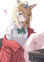  1girl absurdres animal_ear_fluff animal_ears blonde_hair bow bowtie breasts collared_shirt commentary desk diamond_hair_ornament dress_shirt fox_ears hair_ornament hairclip heart heart_hair_ornament highres hololive jacket legs_on_table long_hair loose_bowtie mahyo multicolored_hair official_alternate_costume omaru_polka pink_hair purple_eyes red_jacket school_desk school_uniform shirt simple_background sitting small_breasts spade_hair_ornament streaked_hair thighs virtual_youtuber white_background white_shirt x_hair_ornament 