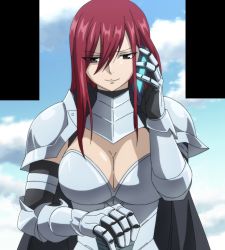  1girl armor breasts brown_eyes cleavage erza_scarlet fairy_tail highres large_breasts long_hair red_hair screencap sky smile solo  rating:Questionable score:20 user:League_Of_Bitches