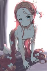  1girl all_fours backlighting barefoot bloom blue_archive blue_eyes blush braid breasts closed_mouth commentary_request completely_nude forehead foreshortening highres kokekokko_coma loli long_hair looking_at_viewer nipples nude red_hair small_breasts smile solo sweat toes very_long_hair yuzu_(blue_archive) 