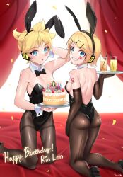  1boy 1girl animal_ears ass birthday_cake black_gloves black_leotard black_pantyhose blonde_hair blue_eyes breasts c_take0141 cake closed_mouth collar detached_collar elbow_gloves fake_animal_ears food gloves hair_ornament hairpin happy_birthday highres holding holding_plate kagamine_len kagamine_rin leotard male_playboy_bunny multiple_girls open_mouth pantyhose plate playboy_bunny rabbit_ears short_hair small_breasts smile strapless strapless_leotard vocaloid white_collar white_wrist_cuffs wrist_cuffs x_hair_ornament  rating:Sensitive score:9 user:danbooru