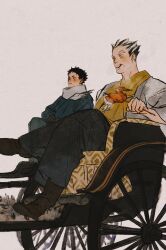  2boys absurdres akaashi_keiji black_gloves black_hair black_pants blue_kimono bokuto_koutarou boots breath carriage chengongzi123 commentary crossed_legs eating food food_on_face gloves grey_hair haikyuu!! hand_up highres holding holding_food japanese_clothes kimono long_sleeves looking_to_the_side male_focus meat multicolored_hair multiple_boys open_mouth pants short_hair simple_background sitting skewer streaked_hair symbol-only_commentary very_short_hair wheel wide_sleeves yellow_eyes yellow_kimono 