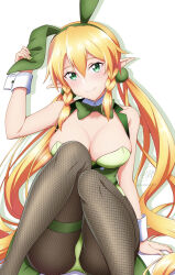  1girl animal_ear_hairband animal_ears arm_support arm_up artist_name bare_shoulders blonde_hair bow bowtie braid breasts brown_pantyhose cleavage closed_mouth collarbone commentary_request fake_animal_ears feet_out_of_frame fishnet_pantyhose fishnets grabbing green_background green_bow green_bowtie green_eyes green_hairband green_leotard green_nails hair_between_eyes hairband highres ken-ji large_breasts leafa leotard long_hair looking_at_viewer pantyhose playboy_bunny pointy_ears rabbit_ears shadow sidelocks signature simple_background sitting smile solo sword_art_online thigh_strap twin_braids twitter_username wing_collar wrist_cuffs 