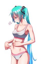 1girl aqua_eyes aqua_hair belly_grab bra breasts cleavage collarbone cowboy_shot grey_panties hand_on_own_stomach hard-translated hatsune_miku highres long_hair navel panties pinching solo sports_bra third-party_edit translated twintails underwear underwear_only very_long_hair vocaloid weight_conscious wokada rating:Sensitive score:94 user:StolenTranslations