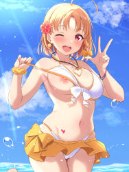  1girl ;d absurdres bikini bikini_pull bikini_skirt blonde_hair blue_sky blush bow bracelet breasts cameltoe cleft_of_venus clothes_lift clothes_pull day earrings flower hair_bow hair_flower hair_ornament heart_pendant highres jewelry large_breasts lifting_own_clothes looking_at_viewer love_live! love_live!_sunshine!! mobukichi navel nipples one_breast_out one_eye_closed open_mouth outdoors red_eyes red_flower scrunchie short_hair sky smile solo standing standing_on_one_leg strap_pull sunlight swimsuit swimsuit_lift takami_chika white_bikini wrist_scrunchie yellow_bow yellow_scrunchie 