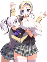 2girls areola_slip black_shirt blonde_hair blue_eyes blush borrowed_character breast_lift breasts bursting_breasts cardigan chousokabe_ichiko cleavage commentary_request cowboy_shot eye_contact from_behind grabbing grabbing_another&#039;s_breast grabbing_from_behind hairband happy high_ponytail huge_breasts lavender_legwear legs looking_at_another microskirt miniskirt mole mole_on_breast motion_lines muchigaku multiple_girls open_clothes open_shirt plaid plaid_skirt pleated_skirt plum_liqueur ponytail school_uniform shiny_skin shirt short_ponytail simple_background skindentation skirt smile standing taut_clothes taut_shirt thighhighs thighs torigoe_takumi white_background white_hair zettai_ryouiki 