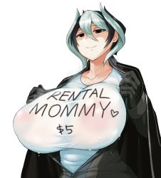  1girl alternate_breast_size black_eyes black_hair breasts breasts_out breath cape cleavage clothes_writing collarbone covered_erect_nipples curvy empty_eyes english_text female_focus gigantic_breasts gloves highres horns huge_breasts jacket looking_at_viewer made_in_abyss mature_female meme_attire multicolored_hair naughty_face navel no_bra open_clothes open_jacket ozen prostitution puffy_areolae puffy_nipples rental_mom see-through shaded_face shirt short_hair short_hair_with_long_locks simple_background sinensian smile solo sweat t-shirt taut_clothes taut_shirt two-tone_hair wet wet_clothes wet_shirt white_background white_hair white_shirt  rating:Questionable score:473 user:St._Araqiel