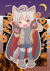 1girl animal_ears animal_hands bandaged_leg bandages boots brown_eyes cape cardigan claw_pose claws commentary_request crescent_moon dog_ears dog_tail fangs full_body gao gloves halloween halloween_costume highres light_brown_hair long_sleeves mikeya_hiyori miniskirt moon night open_cardigan open_clothes original paw_gloves shirt short_hair silver_hair skirt solo sweater tail torn_clothes torn_shirt torn_sweater