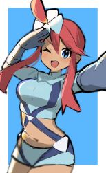  1girl ;d blue_background blue_eyes blurry border commentary_request creatures_(company) cropped_jacket eyelashes game_freak gloves hair_ornament happy highres jacket looking_at_viewer midriff navel nintendo one_eye_closed one_side_up open_mouth peppedayo_ne pink_hair pokemon pokemon_bw shorts sidelocks skyla_(pokemon) smile solo teeth upper_teeth_only white_border 