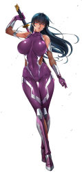 1girl action_taimanin black_hair blush bodysuit breasts covered_navel curvy full_body green_eyes highres igawa_asagi kagami_hirotaka katana large_breasts lilith-soft long_hair long_legs looking_at_viewer official_art purple_bodysuit sheath shiny_clothes shiny_skin simple_background skin_tight solo standing sword taimanin_(series) taimanin_asagi unsheathing weapon white_background wide_hips rating:Sensitive score:99 user:deltaonix