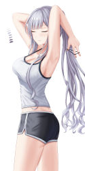 1girl absurdres ak-12_(girls&#039;_frontline) armpits bare_shoulders blush breasts cleavage closed_eyes closed_mouth collarbone cowboy_shot from_side girls&#039;_frontline gongbangmanchi_(daisy_cutter) grey_shirt hair_tie highres large_breasts long_hair ponytail shirt short_shorts shorts simple_background smile solo tank_top thighs white_background rating:Sensitive score:31 user:danbooru